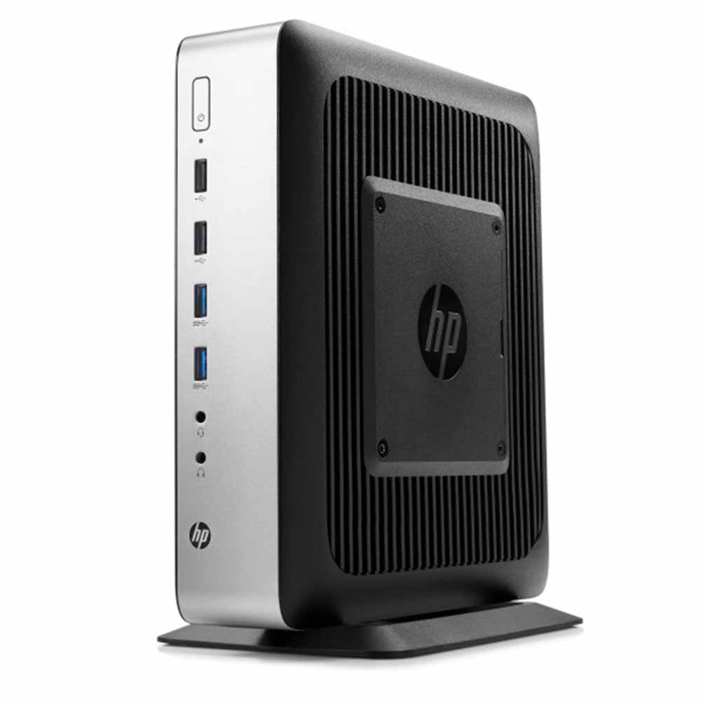 نمای نیم‌رخ تین کلاینت HP T730 با پایه نگهدارنده